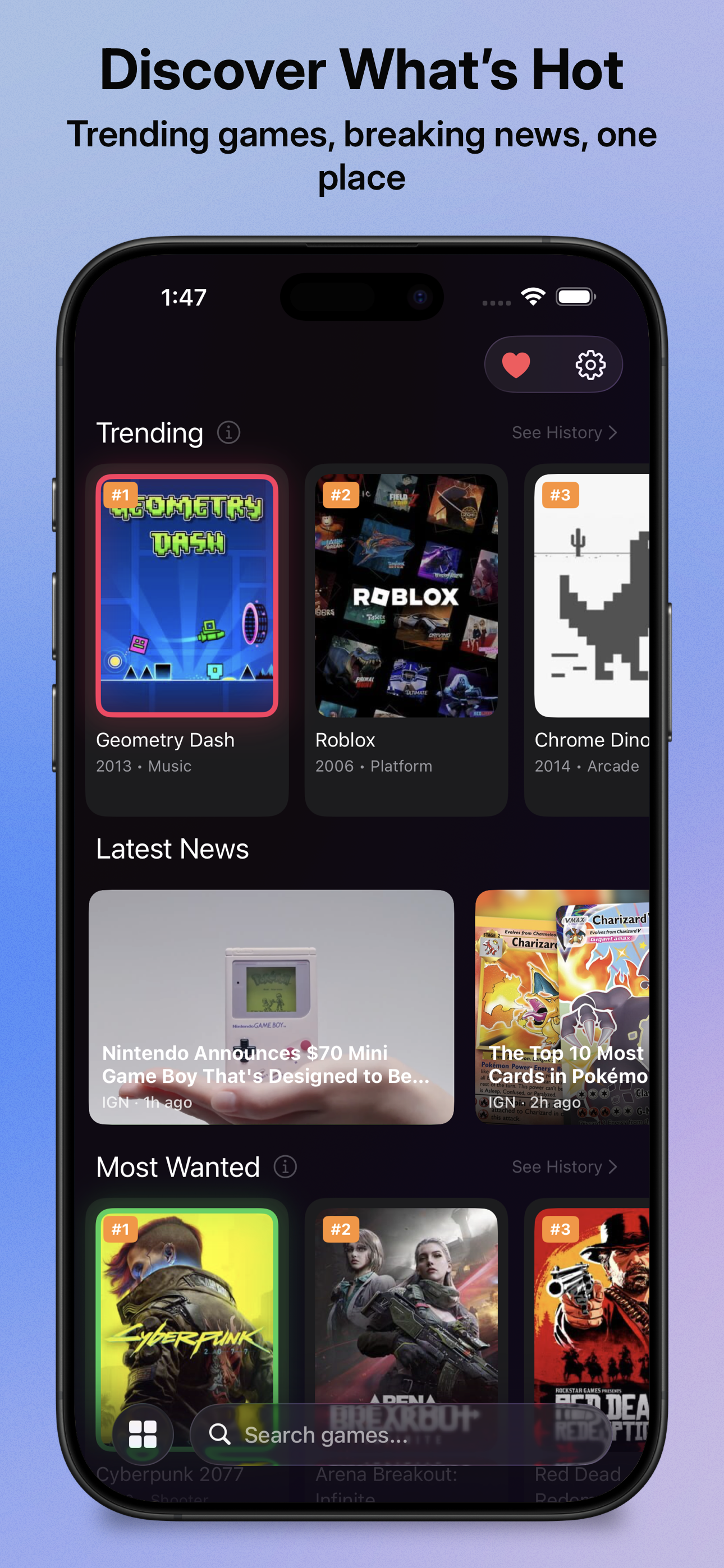 Discover tab showing trending games and gaming news